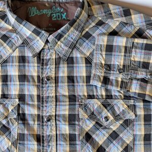 Wrangler 20X Men's Black Yellow Blue Gray Plaid Western Shirt Snap Button-Up XL